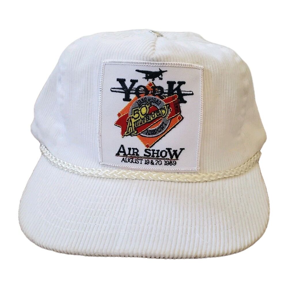 Vintage 80s York Air Show 50th Anniversary White Corduroy Snapback Hat Cap 1989